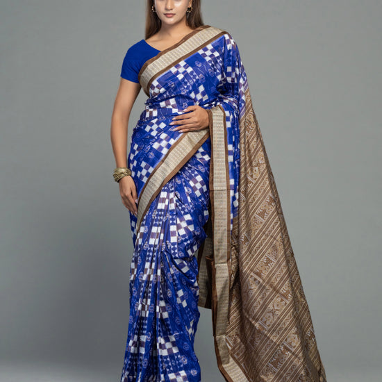 Cobalt Blue & White Mulberry Silk Double Ikat Saree - Border and weave close-up