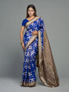 Cobalt Blue & White Mulberry Silk Double Ikat Saree - Border and weave close-up