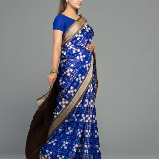Cobalt Blue & White Mulberry Silk Double Ikat Saree - Body motifs and craftsmanship
