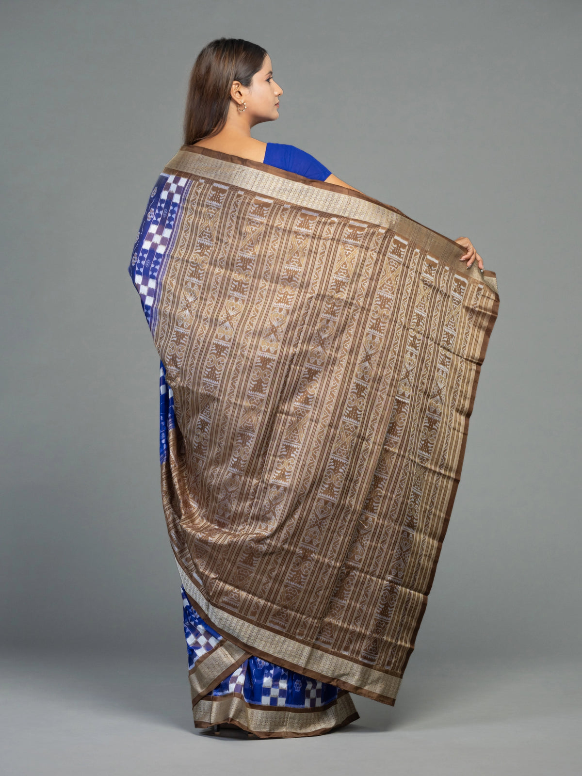 Cobalt Blue & White Mulberry Silk Double Ikat Saree - Pallu and anchal detail