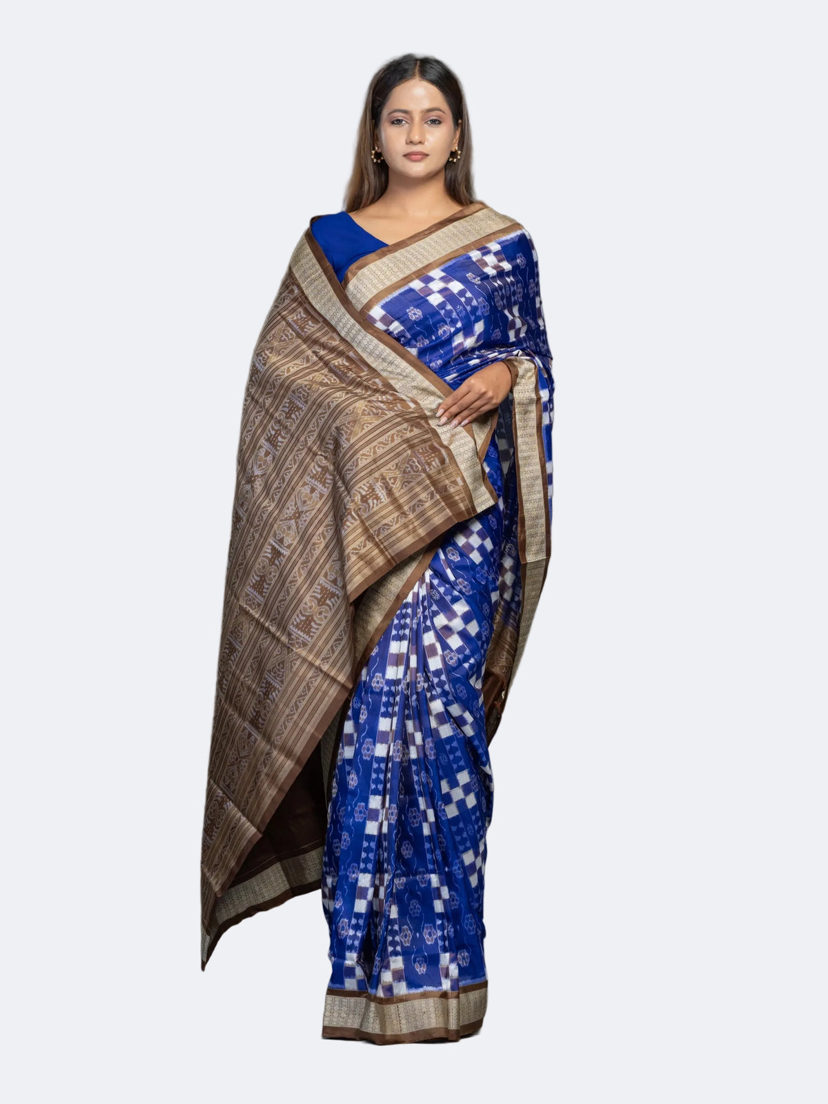 Cobalt Blue & White Mulberry Silk Double Ikat Saree - Full drape view