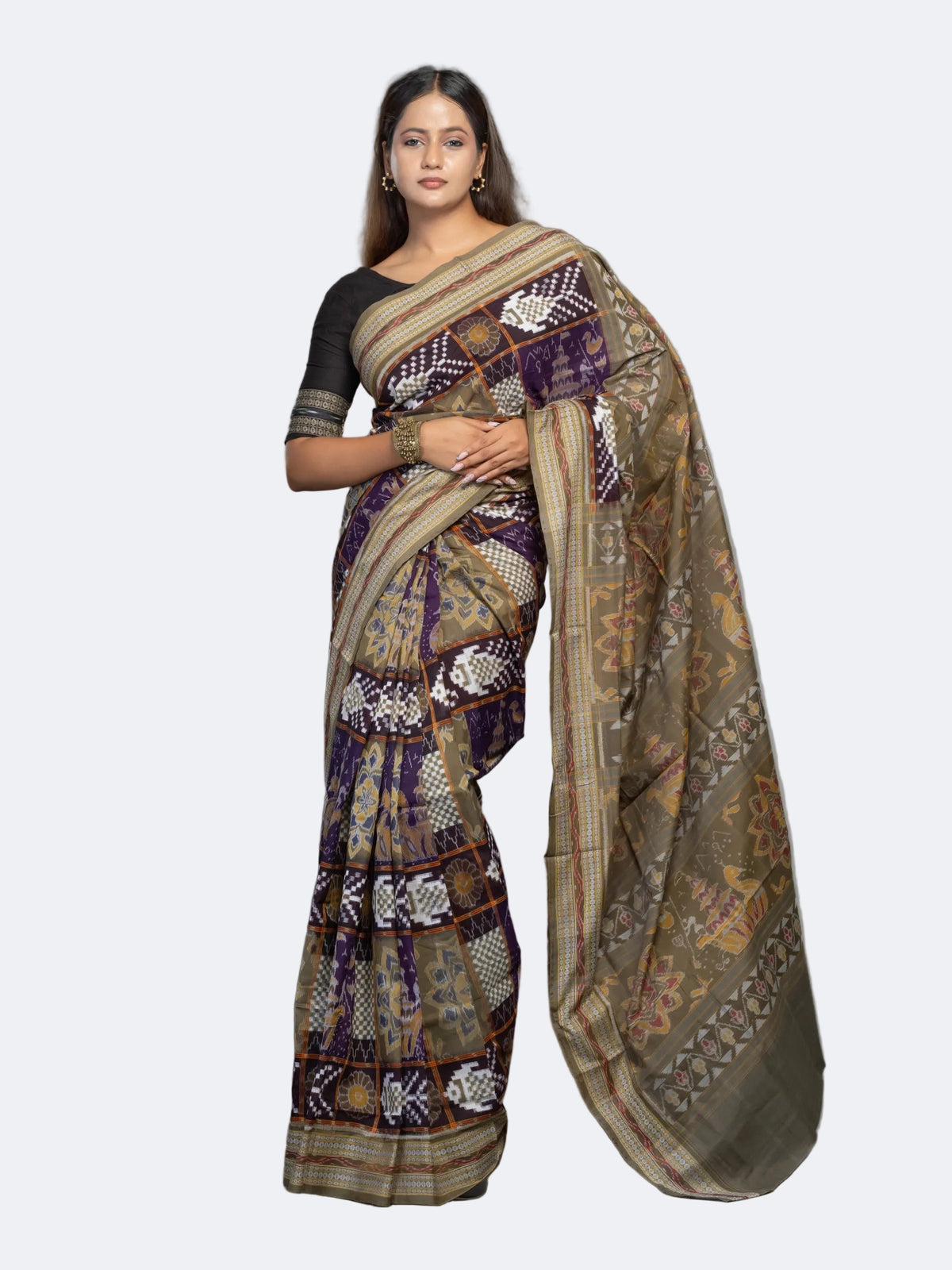Deep Purple & Olive Fine Cotton Double Ikat Saree - Full drape view