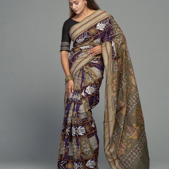 Deep Purple & Olive Fine Cotton Double Ikat Saree - Pallu and anchal detail
