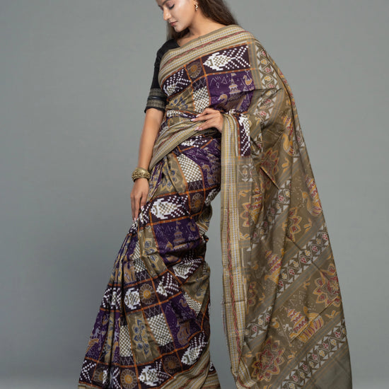 Deep Purple & Olive Fine Cotton Double Ikat Saree - Border and weave close-up