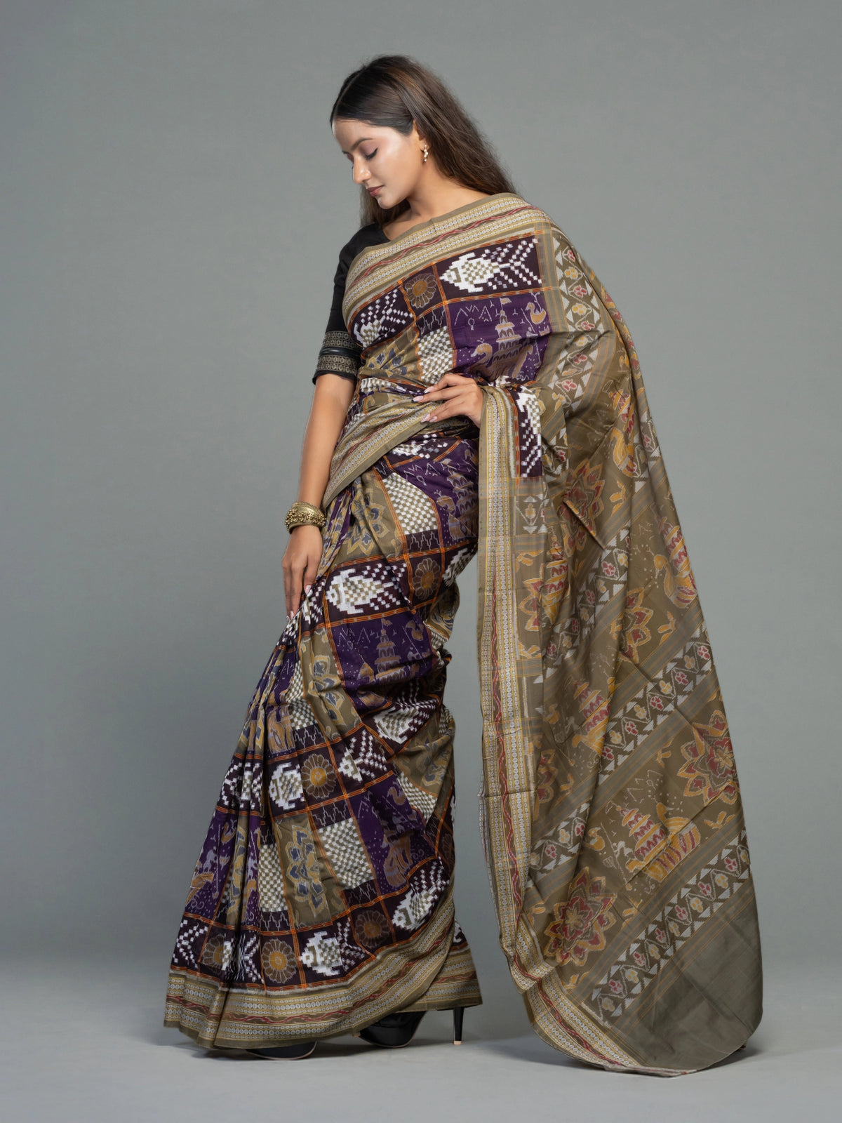 Deep Purple & Olive Fine Cotton Double Ikat Saree - Border and weave close-up