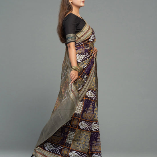 Deep Purple & Olive Fine Cotton Double Ikat Saree - Body motifs and craftsmanship