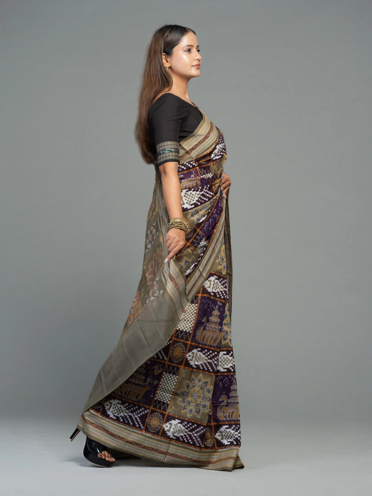 Deep Purple & Olive Fine Cotton Double Ikat Saree - Body motifs and craftsmanship
