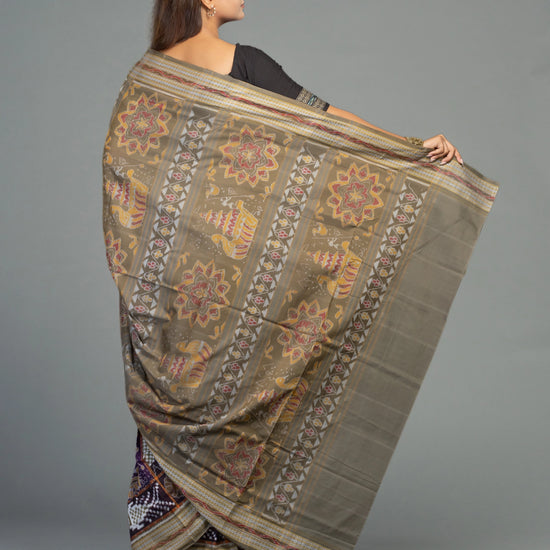 Deep Purple & Olive Fine Cotton Double Ikat Saree - Fabric texture and drape