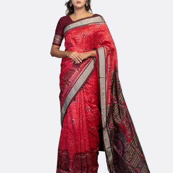 Deep Red Pure Mulberry Silk Single Ikat Saree - Full drape view
