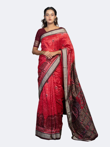 Deep Red Pure Mulberry Silk Single Ikat Saree - Full drape view