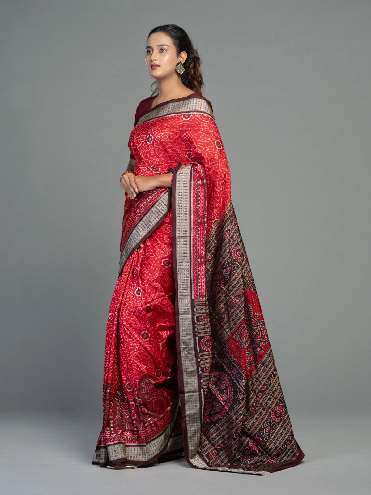 Deep Red Pure Mulberry Silk Single Ikat Saree - Pallu and anchal detail