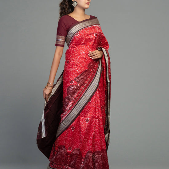 Deep Red Pure Mulberry Silk Single Ikat Saree - Border and weave close-up