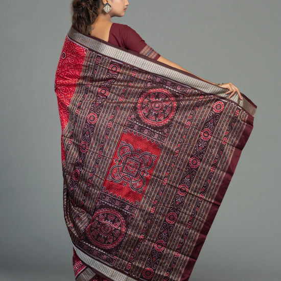 Deep Red Pure Mulberry Silk Single Ikat Saree - Fabric texture and drape