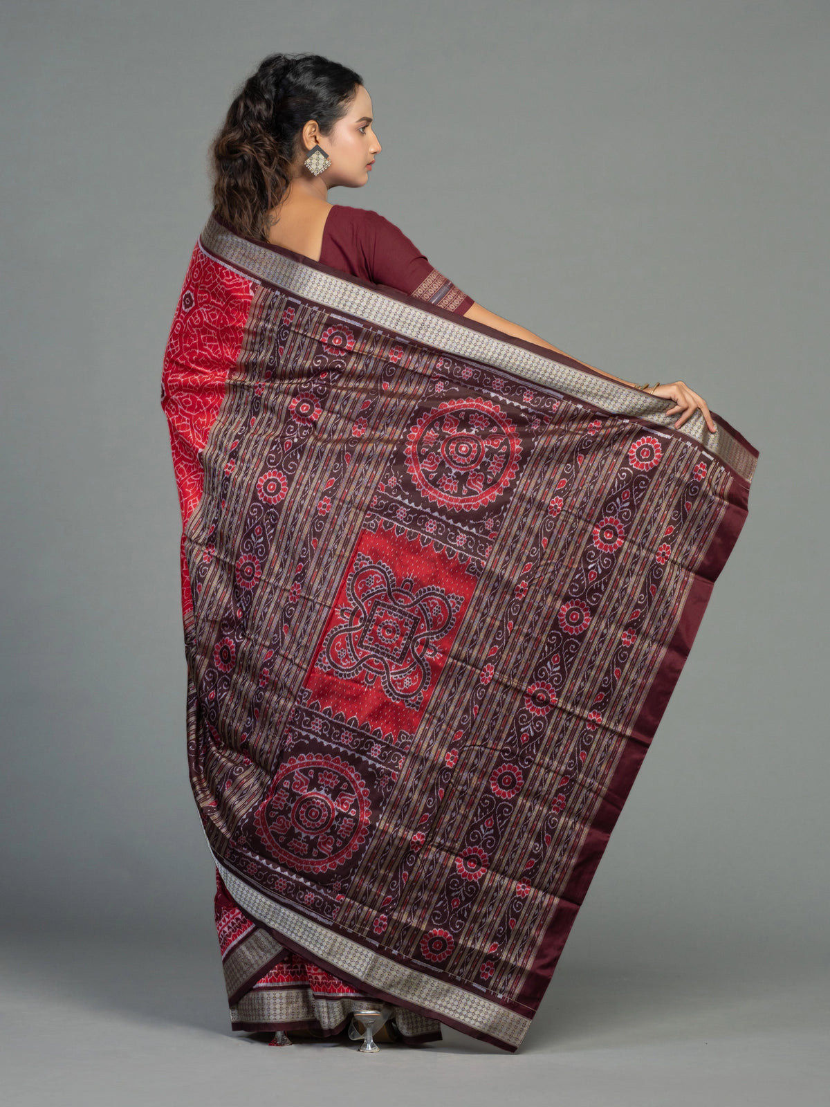 Deep Red Pure Mulberry Silk Single Ikat Saree - Fabric texture and drape