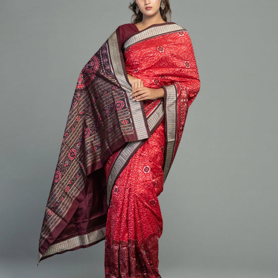 Deep Red Pure Mulberry Silk Single Ikat Saree - Body motifs and craftsmanship