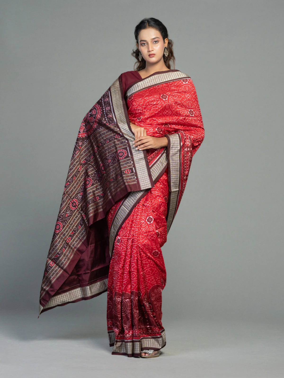 Deep Red Pure Mulberry Silk Single Ikat Saree - Body motifs and craftsmanship