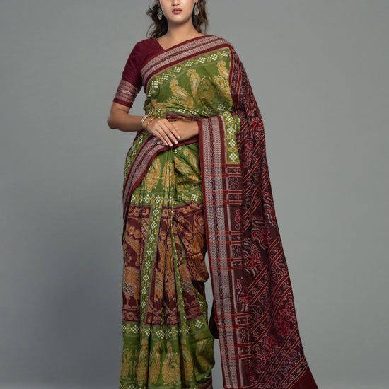 Olive Green Fine Cotton Double Ikat Saree - Handloom detail shot