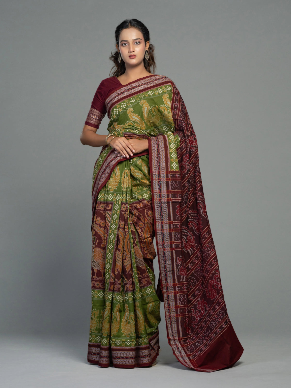 Olive Green Fine Cotton Double Ikat Saree - Handloom detail shot