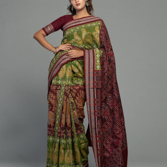 Olive Green Fine Cotton Double Ikat Saree - Fabric texture and drape