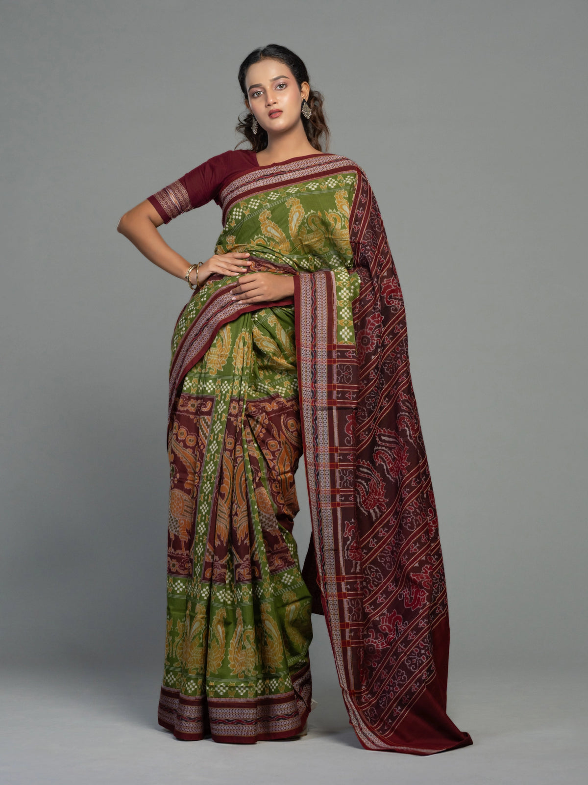 Olive Green Fine Cotton Double Ikat Saree - Fabric texture and drape