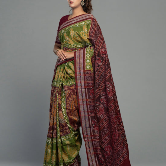 Olive Green Fine Cotton Double Ikat Saree - Body motifs and craftsmanship