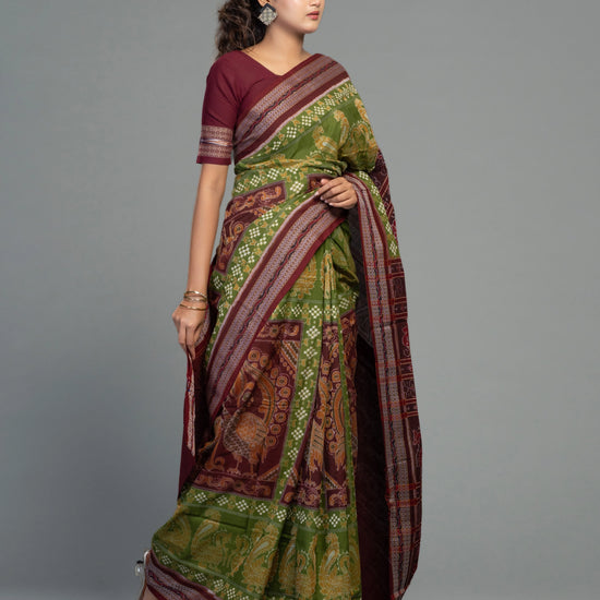 Olive Green Fine Cotton Double Ikat Saree - Border and weave close-up