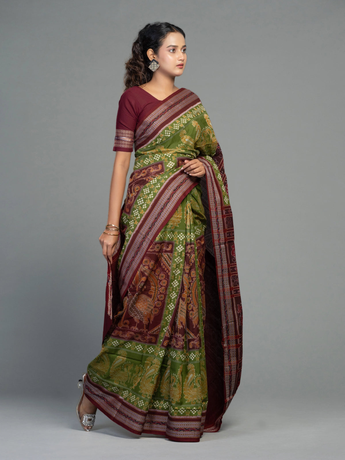 Olive Green Fine Cotton Double Ikat Saree - Border and weave close-up