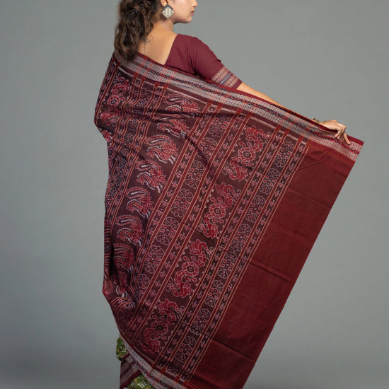 Olive Green Fine Cotton Double Ikat Saree - Pallu and anchal detail