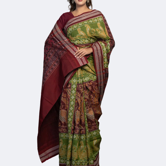 Olive Green Fine Cotton Double Ikat Saree - Full drape view