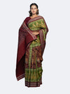 Olive Green Fine Cotton Double Ikat Saree - Full drape view