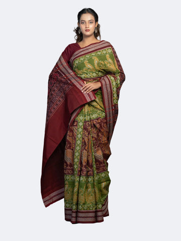 Olive Green Fine Cotton Double Ikat Saree - Full drape view