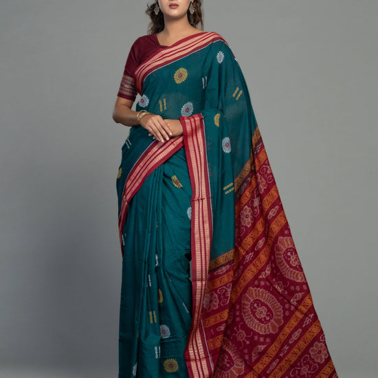 Deep Teal & Maroon Cotton Bomkai Saree - Fabric texture and drape