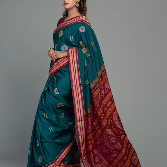 Deep Teal & Maroon Cotton Bomkai Saree - Handloom detail shot