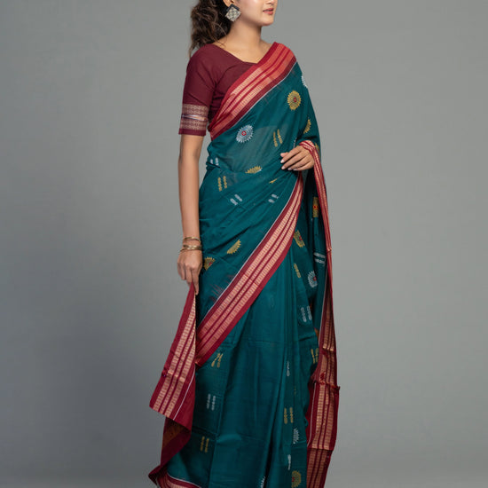 Deep Teal & Maroon Cotton Bomkai Saree - Body motifs and craftsmanship