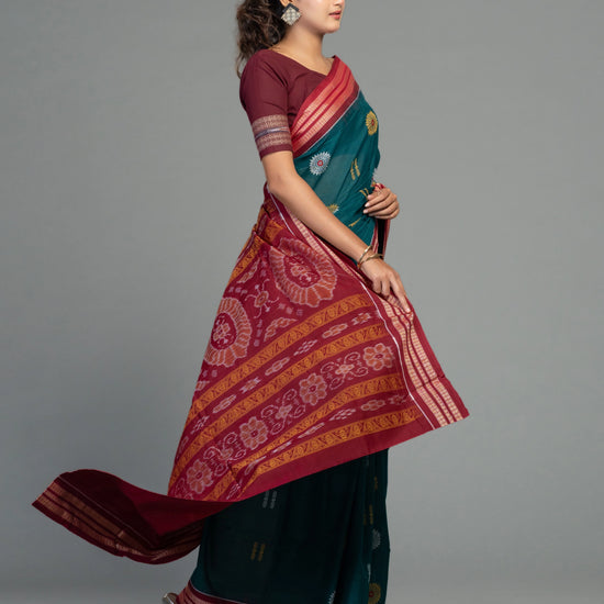 Deep Teal & Maroon Cotton Bomkai Saree - Border and weave close-up