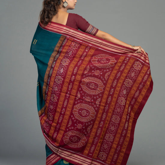 Deep Teal & Maroon Cotton Bomkai Saree - Pallu and anchal detail