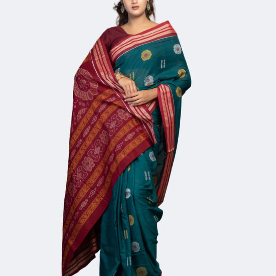Deep Teal & Maroon Cotton Bomkai Saree - Full drape view