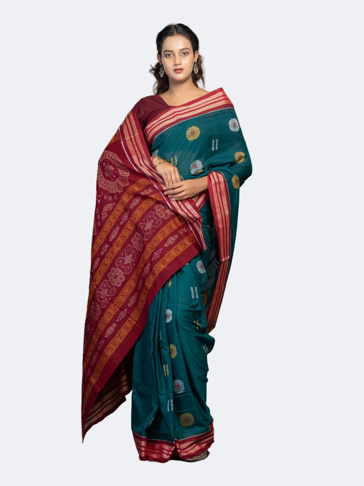 Deep Teal & Maroon Cotton Bomkai Saree - Full drape view