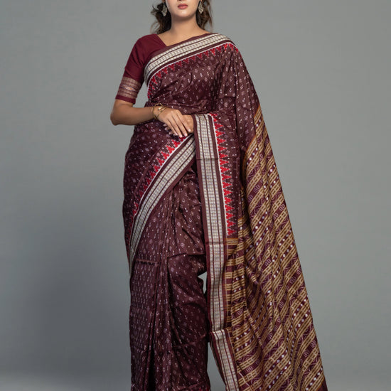 Deep Wine & Plum Mulberry Silk Single Ikat Saree - Handloom detail shot