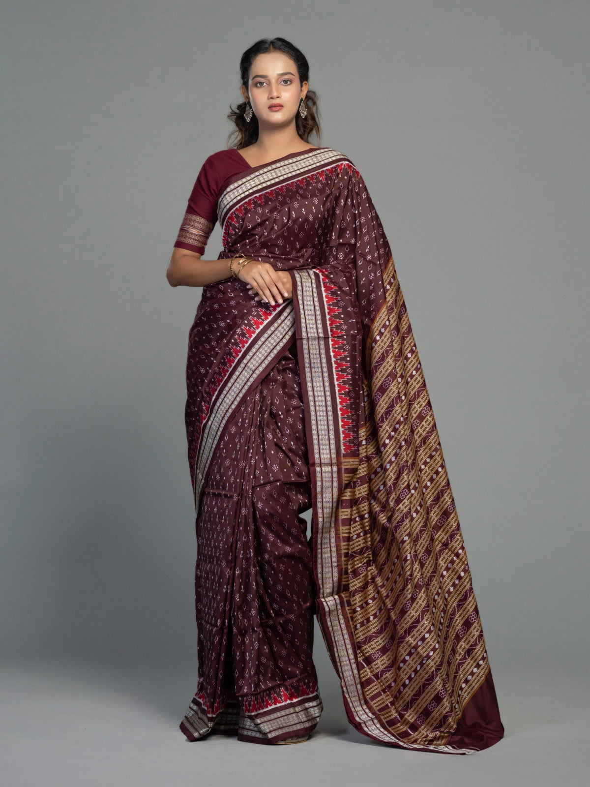 Deep Wine & Plum Mulberry Silk Single Ikat Saree - Handloom detail shot