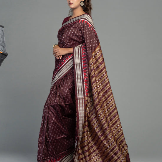 Deep Wine & Plum Mulberry Silk Single Ikat Saree - Fabric texture and drape