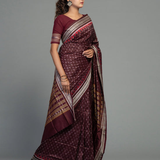 Deep Wine & Plum Mulberry Silk Single Ikat Saree - Body motifs and craftsmanship