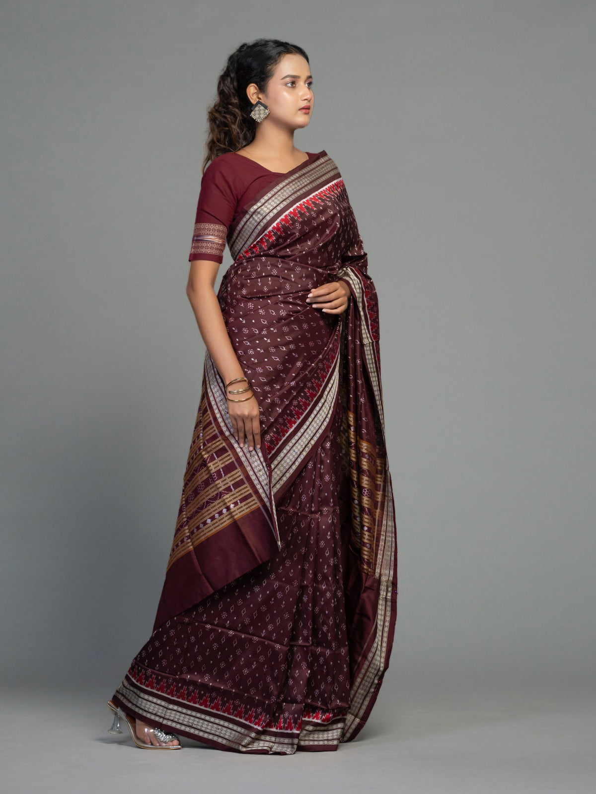 Deep Wine & Plum Mulberry Silk Single Ikat Saree - Body motifs and craftsmanship