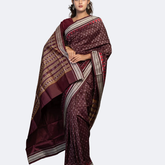 Deep Wine & Plum Mulberry Silk Single Ikat Saree - Full drape view