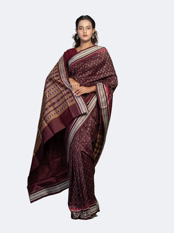 Deep Wine & Plum Mulberry Silk Single Ikat Saree - Full drape view