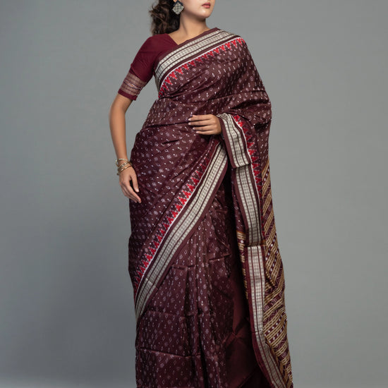 Deep Wine & Plum Mulberry Silk Single Ikat Saree - Pallu and anchal detail