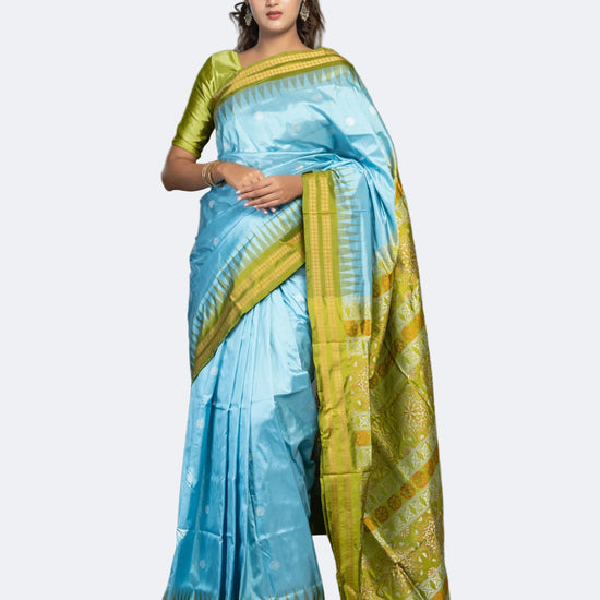 Sky Blue & Olive Green Mulberry Silk Bomkai Saree - Fabric texture and drape