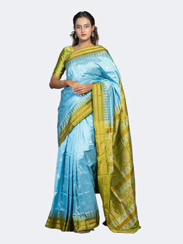 Sky Blue & Olive Green Mulberry Silk Bomkai Saree - Fabric texture and drape