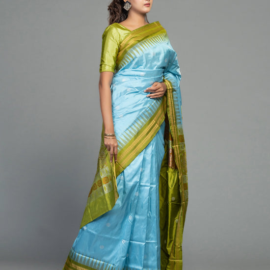 Sky Blue & Olive Green Mulberry Silk Bomkai Saree - Body motifs and craftsmanship