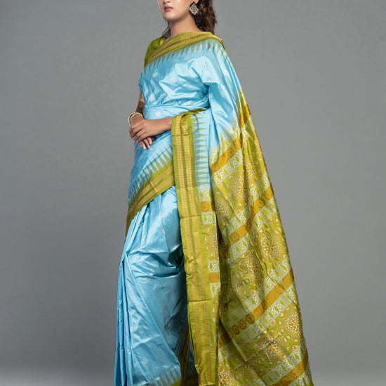 Sky Blue & Olive Green Mulberry Silk Bomkai Saree - Border and weave close-up